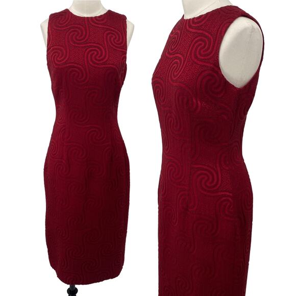 Vintage 90s Nicole Miller Sheath Dress Textured Geometric Pattern Midi Red Small - Picture 1 of 13